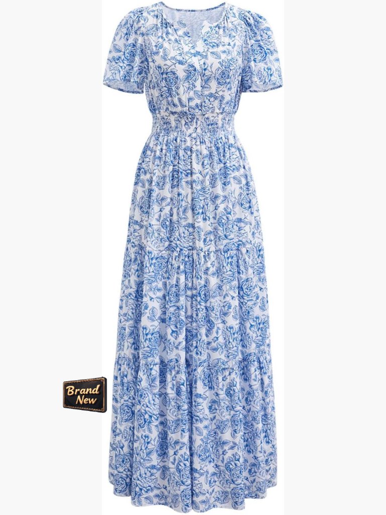Women's Short Bubble Sleeve Maxi Dress V-Neck Elastic Waist Floral Cotton Summer